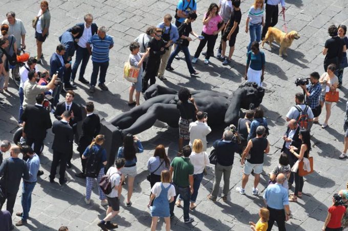 A symbol of the horror brought on by terrorism and violence, the David covered in black. Photo courtesy of ansa.it.